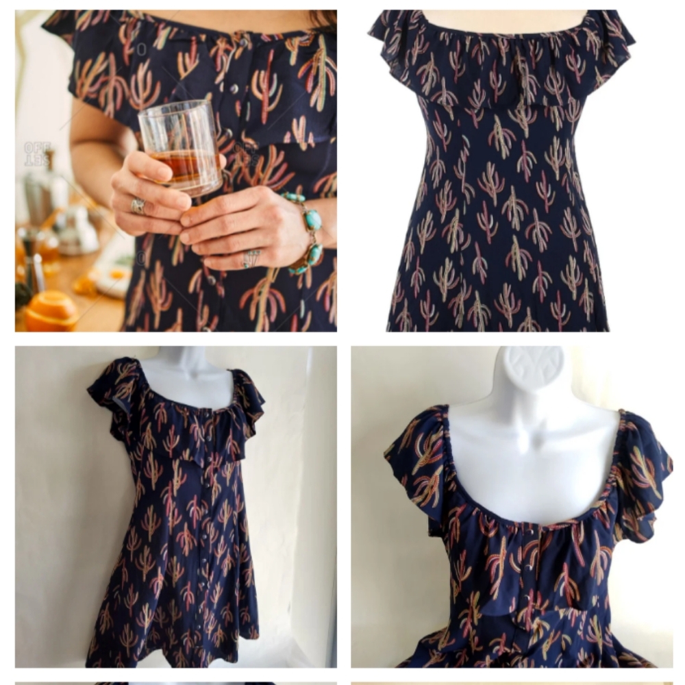 Women's Gypsies & Moondust cactus dress snap front off shoulder Ruffle, size Med